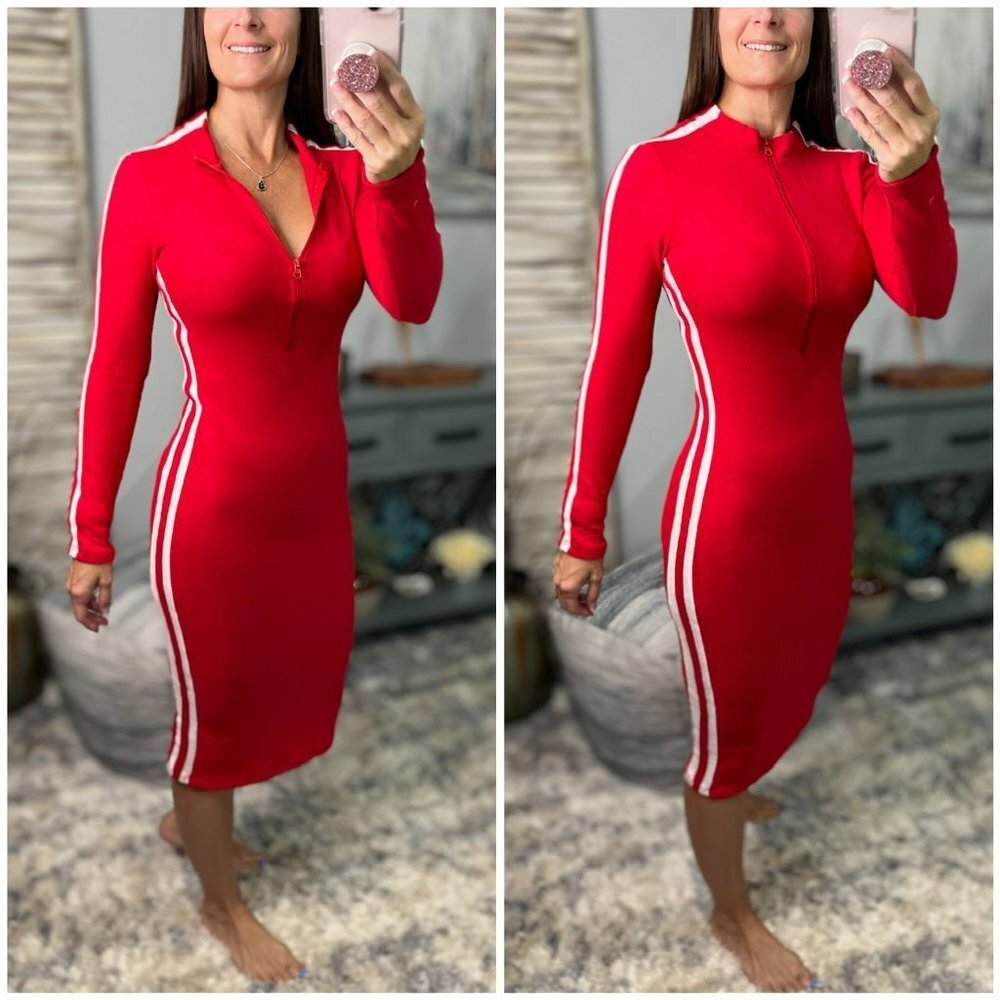Sporty Athletic Hacci Lightweight Varsity Sweater Contrast Dress Red 0124 - Picture 1 of 8